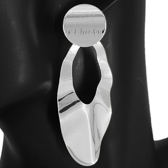 Silver Crushed Abstract Irregular Oval Circle Hoop Drop Dangle Metal Earrings 3" - Picture 2 of 2